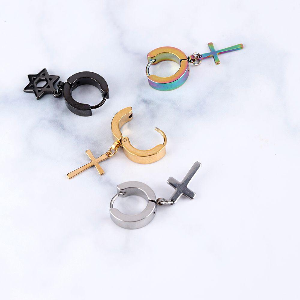1Pc Punk Gothic Piercing Stainless Steel Cross Stars Dangle Earrings Ear Stud Pendant