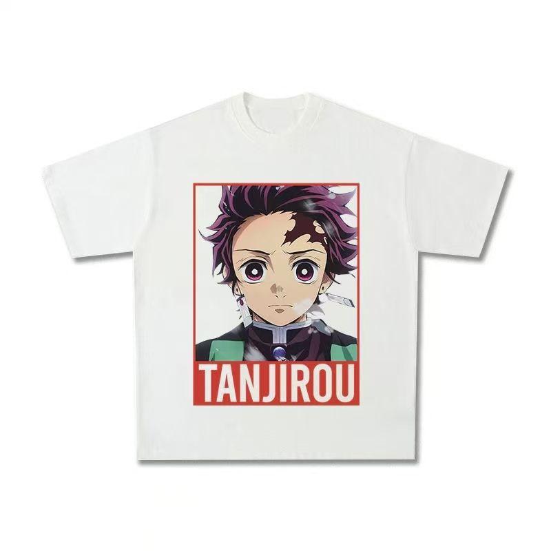 100% Pure Cotton Ghost Extermination Blade Tanujiro Anime T-Shirt Men's and Women's Summer Retro Loose Casual Top Tide