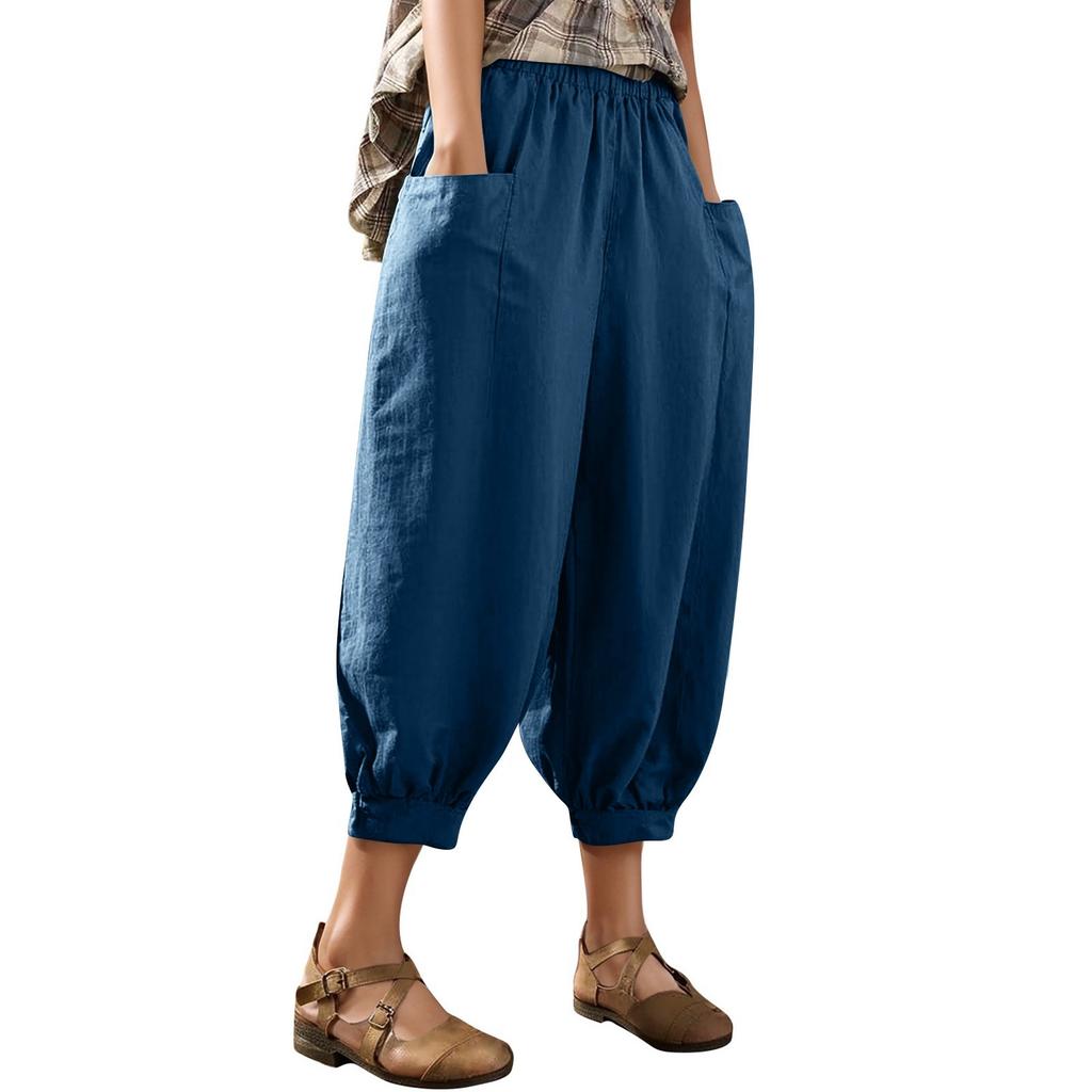 Women's Fashion Solid Color Loose Large Size Elastic Waist Small Leg Haren Pants Versatile Casual Pants