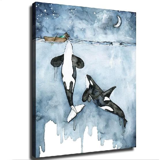 NikkOh Косатка и Девочка Холст Принт Акварельная Живопись Косатка Настенное Искусство Морская Жизнь Постер Холст Живопись Настенное Искусство Картина Подарок Спальня Дом