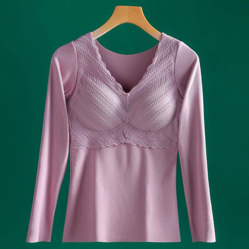 Женское термобелье из немецкого бархата: Плотный кружевной топ с V-образным вырезом и нагрудными накладками, длинные рукава, бесшовный, теплый.