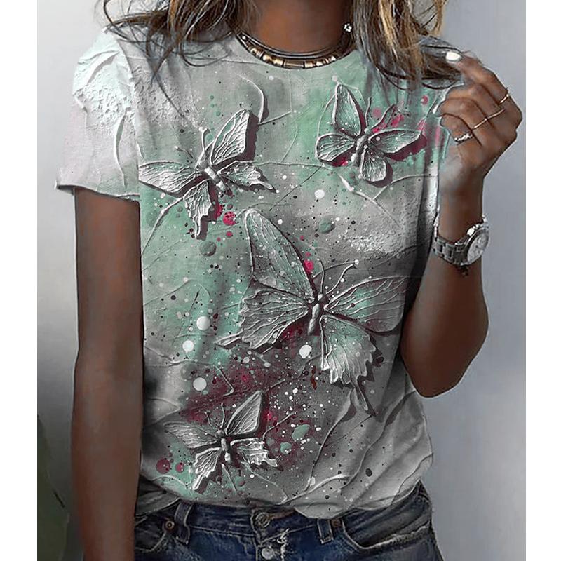Women Summer T Shirt Trend Butterfly Print Retro Fashion Short Sleeve Tees Casual Printed Tops