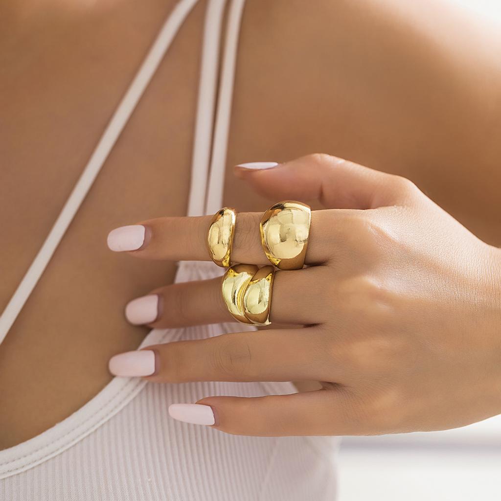 Gold Color Smooth Geometric Open Rings Set For Women Exaggerated Metal Irregular Thick Chunky Ring Jewelry Gift