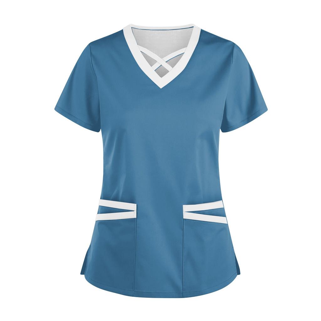 Women's Fashionable V-Neck Short-Sleeved Work Clothes With Drawstrings And Pockets Color Matching Tops And Protective Clothing