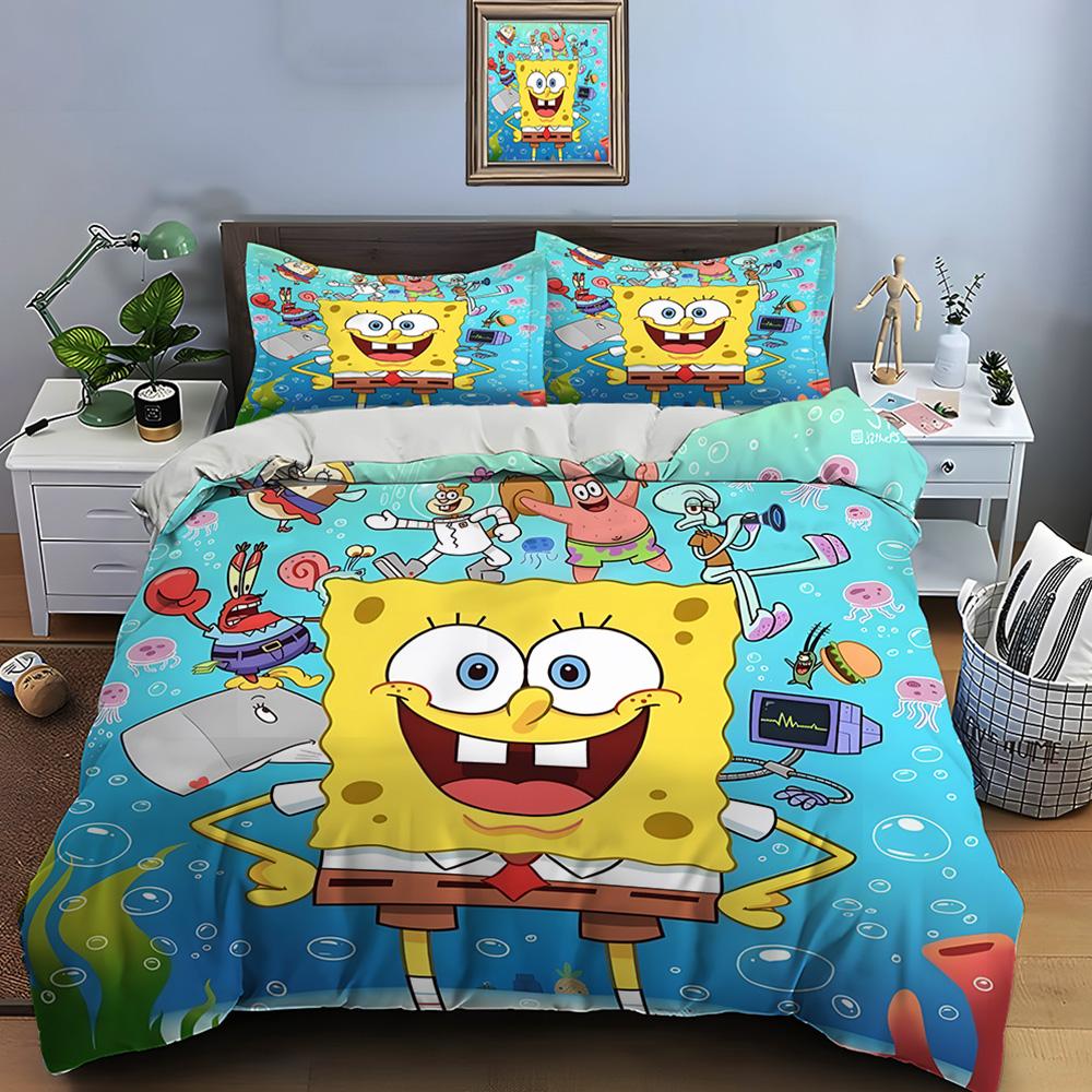 Постельное белье с принтом мультфильма Губка Боб, несколько размеров. 1 пододеяльник, 2 наволочки. Комплект для взрослых и детей. Роскошный подарок.