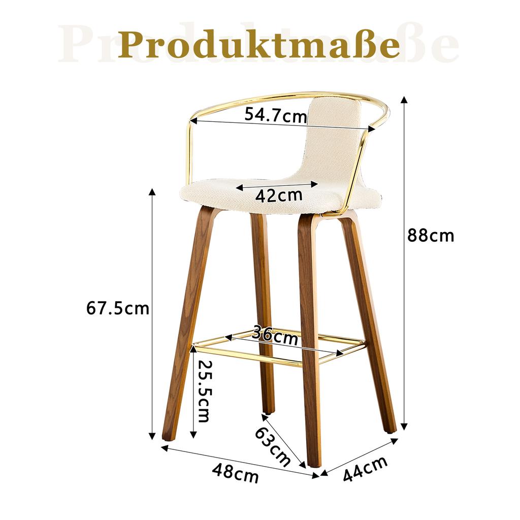 Set of 2 bar stools with armrest, teddy fabric/PU leather, wooden legs, metal footrest, modern Scandinavian