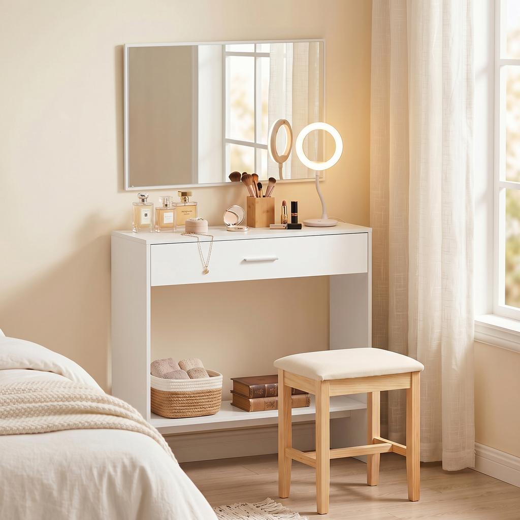 Entryway Console Table with Mirror, Drawer and Shelf Hallway Furniture for Corridor 91.5x27.9x85.5 cm White