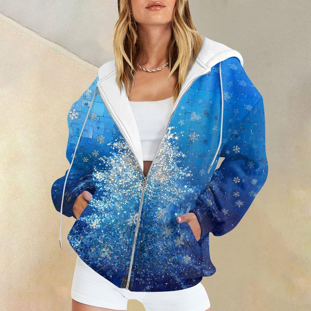 Женская мода повседневная рождественская принтовая толстовка зимняя с длинным рукавом кардиган куртка с карманом на молнии толстовка с капюшоном куртка