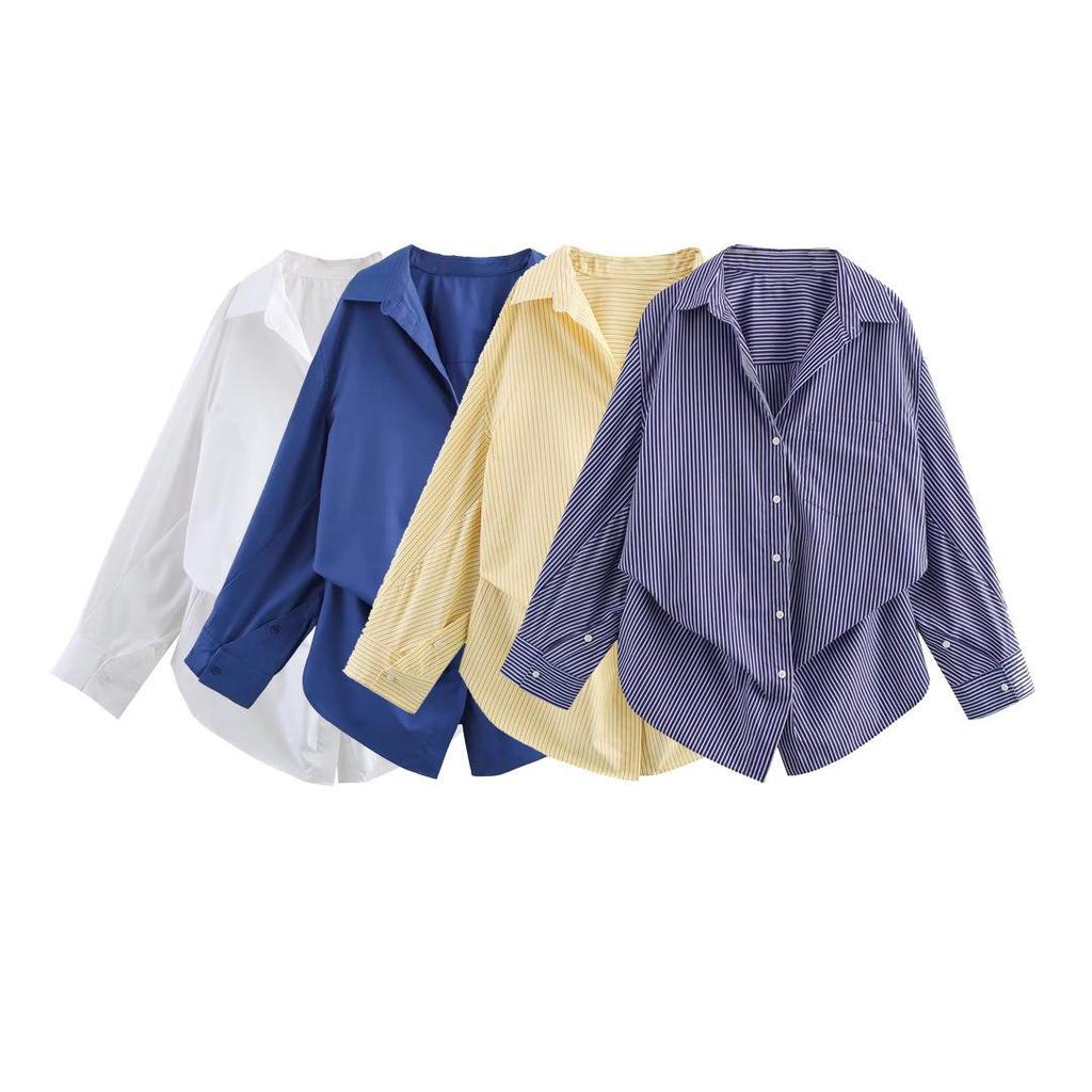 2025 Весна Женская Европейский и Американский Стиль Хлопковая Рукав Летучая Мышь Полосатая Рубашка с Длинным Рукавом