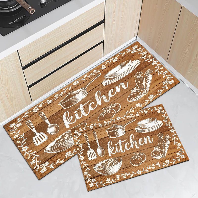 Eat Live Laugh Kitchen Mat Vintage Wood Grain Utensil Print Non Slip Oil Proof Runner Set Kitchen Floor Decor