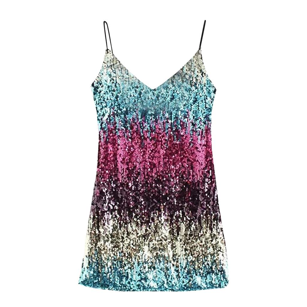 Women's Fashion Dress Sleeveless Sexy Skirt Sequin V-neck Skirt