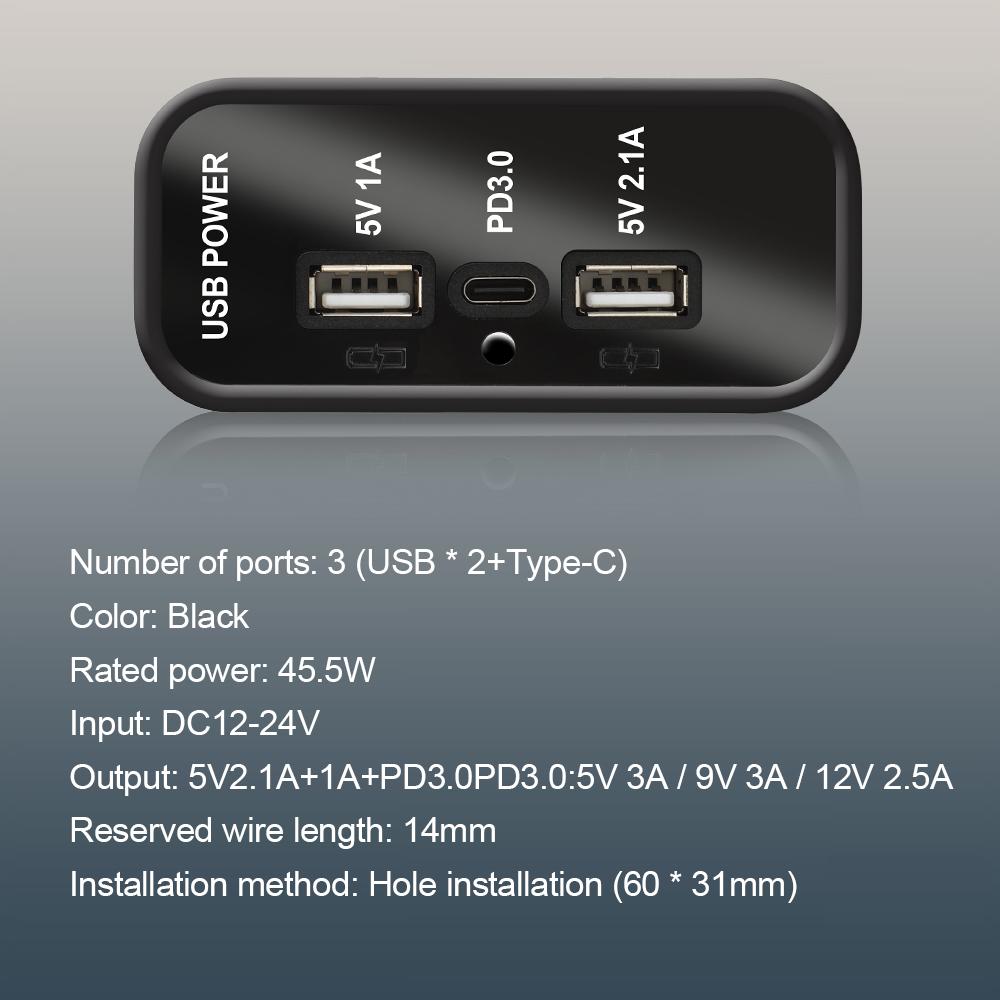 3-портовый USB-разъем 12 В PD3.0 Type C USB A Быстрое зарядное устройство Адаптер-розетка для автомобиля Мотоцикла Морского транспорта Грузовика