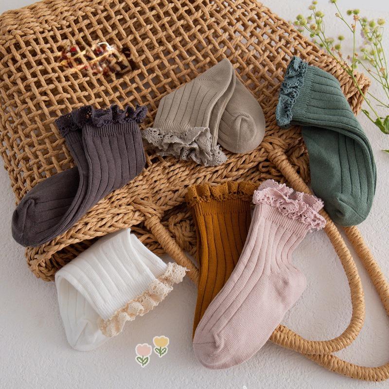 Осенне-зимние винтажные хлопковые носки для маленьких девочек, однотонные детские носки, носки принцессы для девочек, японские хлопковые носки
