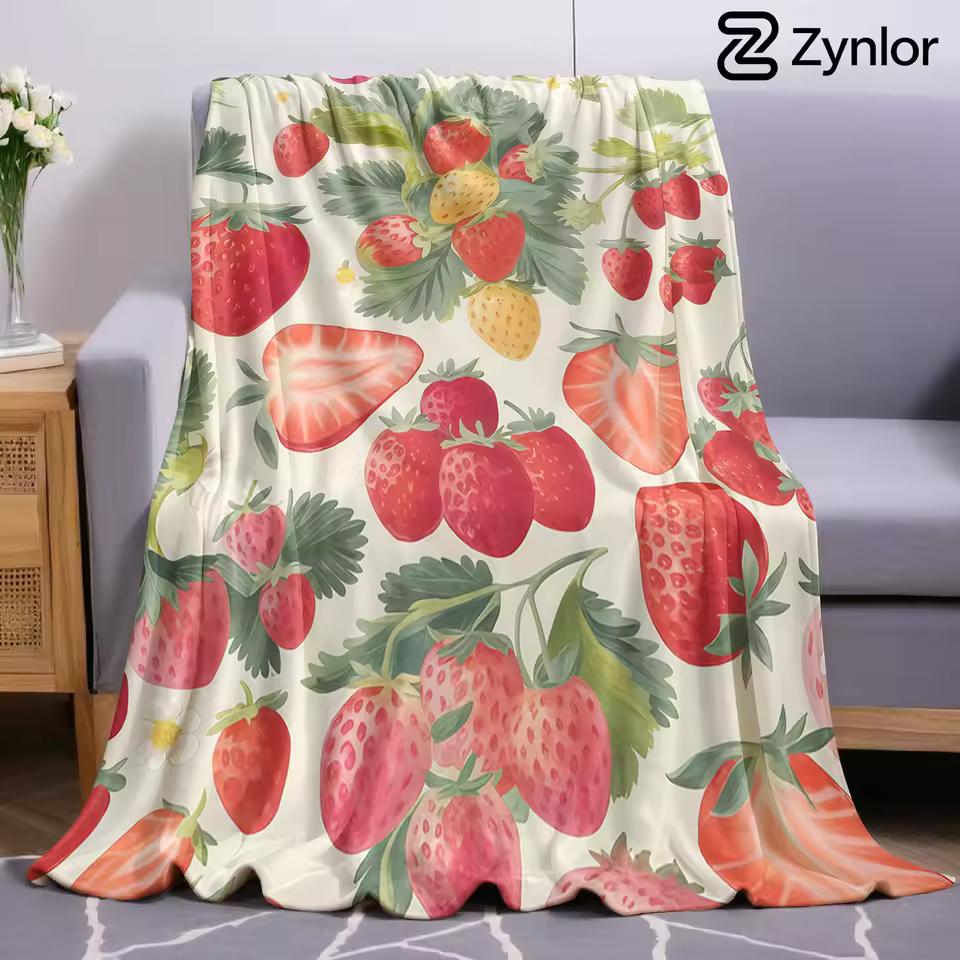 Sweet Strawberry Bloom Lightweight Microfiber Soft Christmas Fleece Blanket Warm Cozy Throw for Sofa Office Travel All Season
