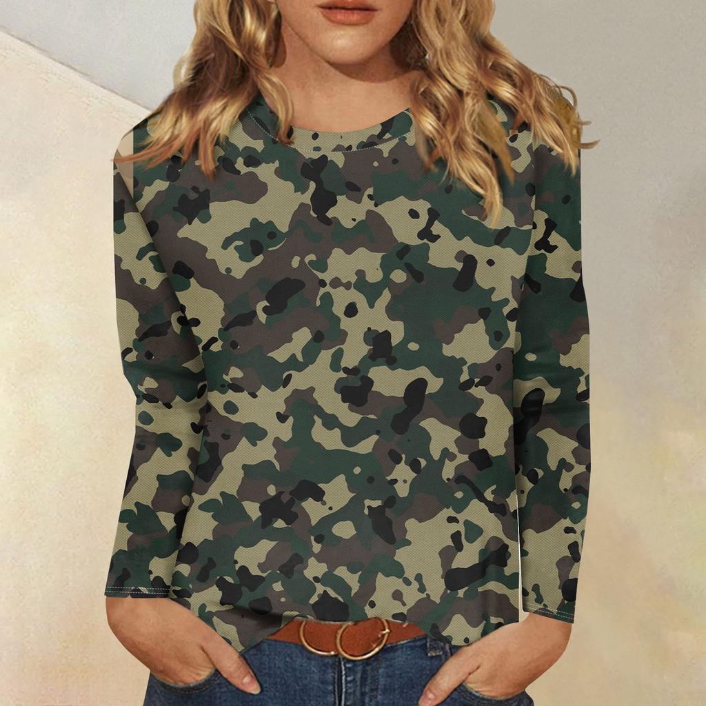Женская модная повседневная футболка с длинным рукавом и круглым вырезом с камуфляжным принтом
