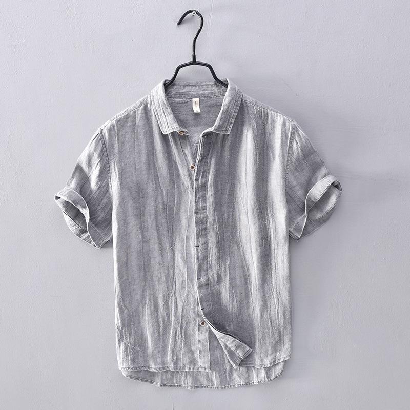 Men's Retro V-Neck Linen Stand Collar Short Sleeve T-Shirt - Plus Size, Thin & Breathable