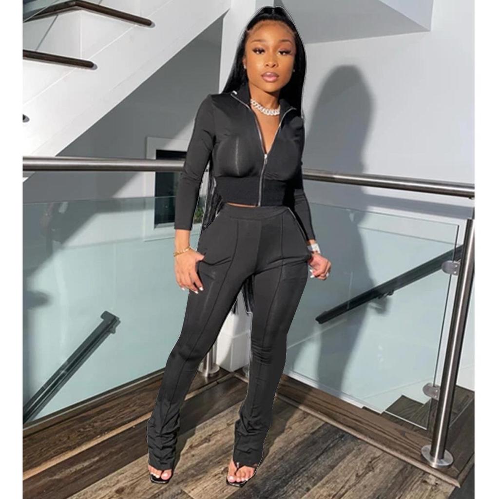 European & American Fashion Casual Solid Color Sports Two-Piece Suit