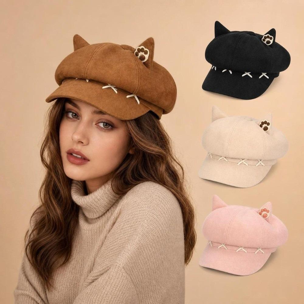 Warm Beret Cap Cat Ear Octagonal Hat Sweet Winter Hat Women