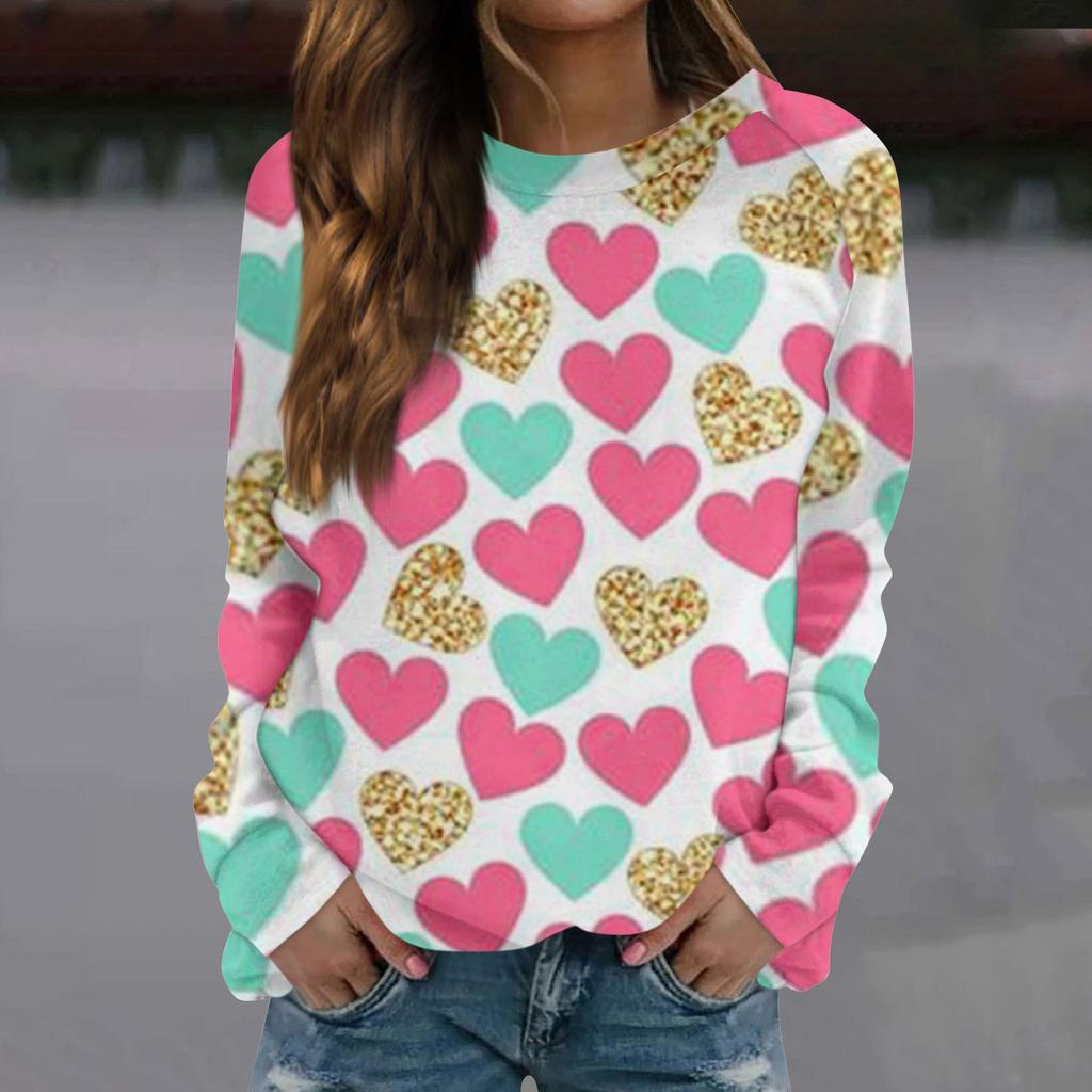 Женская модная повседневная толстовка с длинным рукавом и принтом на День святого Валентина и круглым вырезом
