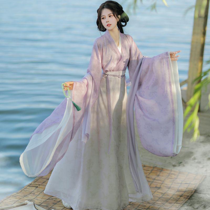 2026 Original Wei Jin Hanfu: Women's Fairy-Like Cross-Collar Set with Printed Wide-Sleeve and Eight-Panel Skirt for Spring/Summer