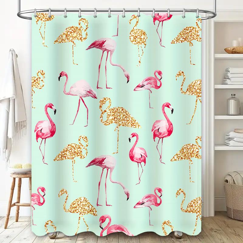 Vibrant Pink Flamingo Shower Curtain for Bathroom Decor Waterproof Fabric with Golden Sparkle Pattern Size 72x84 Inches