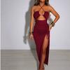 European and American Style Summer Sexy Spicy Girl High Split Wrinkle Hanging Neck Style Elegant Chest Showing Dress