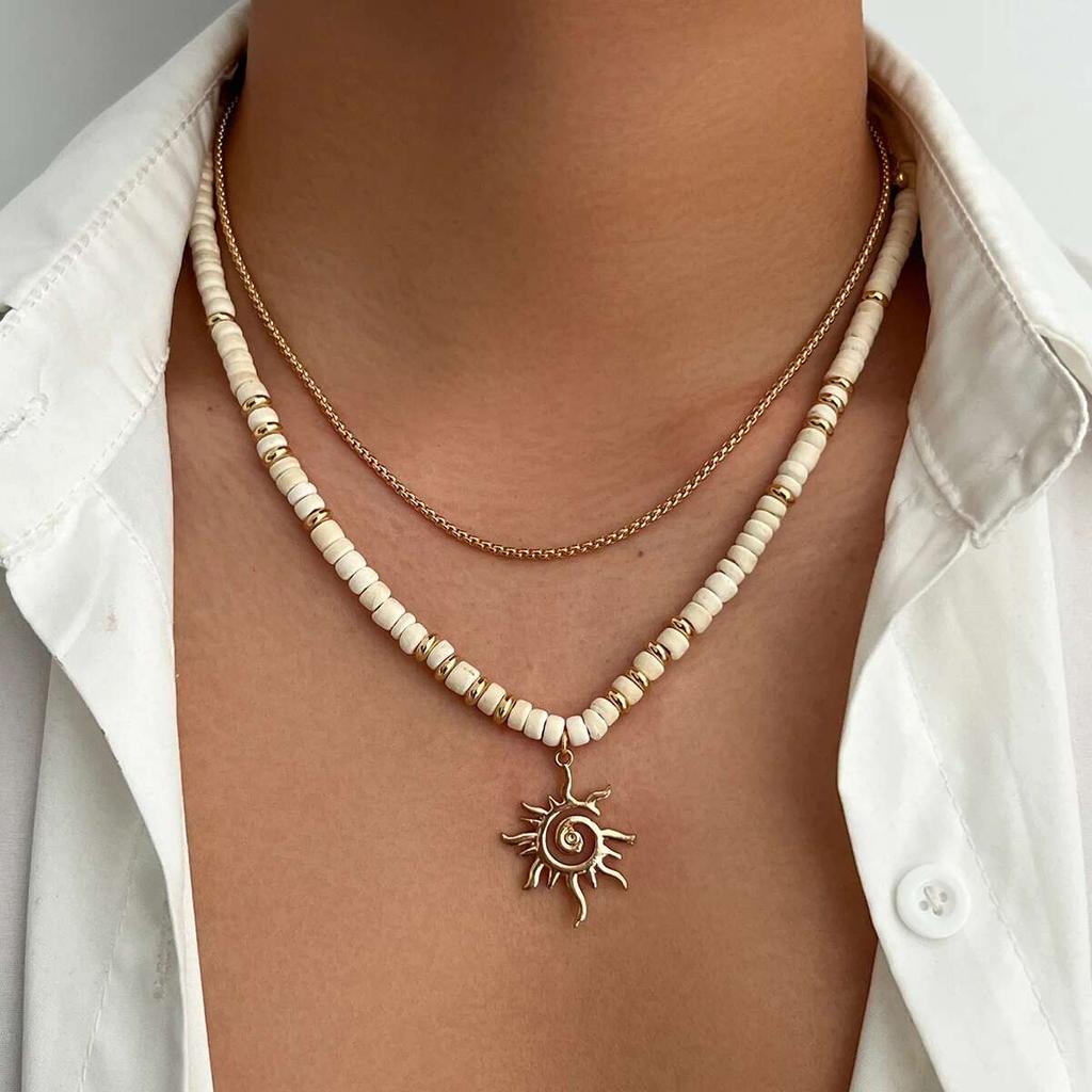 SHIXIN 2Pcs/Set Coconut Husk Wood Beads Chain Choker Necklace for Men Bohemian Sun Conch Starfish Pendant Necklace Male Jewelry