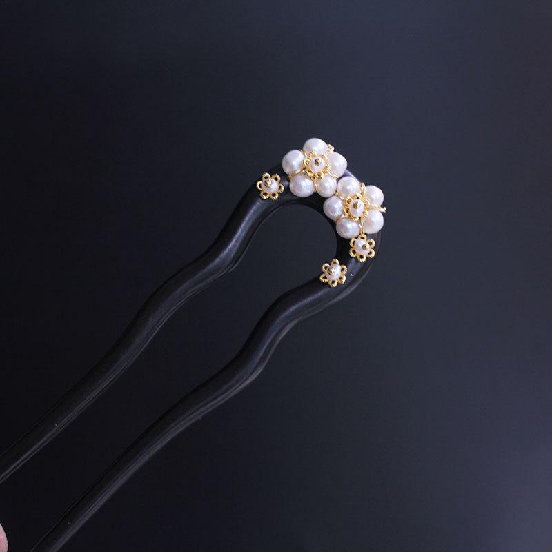 New Chinese Style Ebony Wood Hairpin with Freshwater Pearl and Blue Cloisonné Grape Flower Design