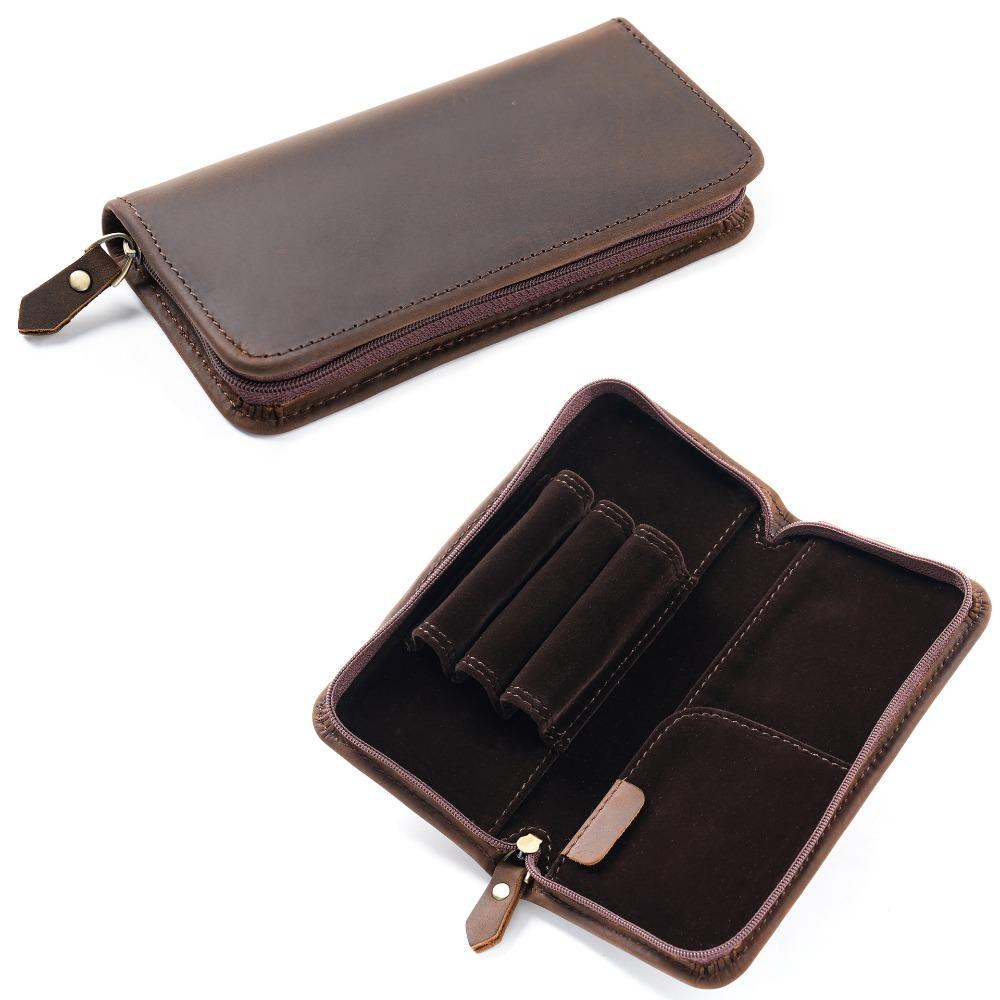 Top Layer of Cowhide Cowhide Pen Case Zipper Closure Card Holder Pen Pouch Handmade Large Capacity Pen Holder Organizer