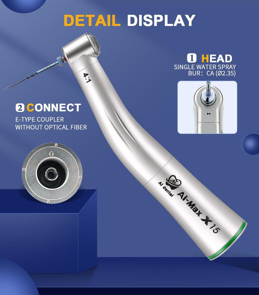 Стоматологический низкоскоростной наконечник AI-X15 Зеленое кольцо 4:1 угол снижения скорости одиночного распыления воды не оптический противоположный для лечения корневых каналов