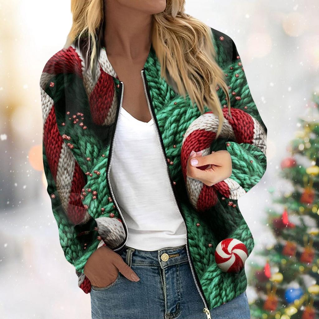 Женская легкая короткая куртка с длинными рукавами на молнии с принтом, повседневная стеганая куртка с карманами, рождественская