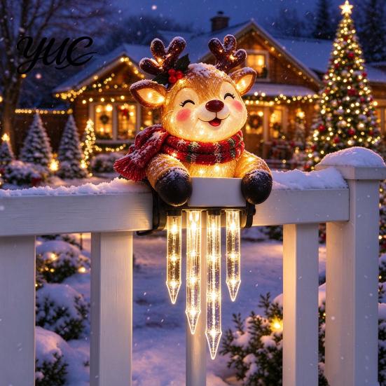 Outdoor Christmas Decorations Solar Snowman Icicle Light, Railing Decor, Warm Glow LED, Winter Festive Garden Ornaments Lighted Santa Reindeer Holiday