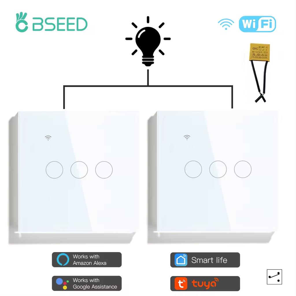BSEED 1/2/3-клавишные сенсорные Wi-Fi выключатели с конденсатором, 2-сторонние для лестниц, коридоров, ламп, управление через приложение Tuya Smart Life, Alexa, 2 шт.