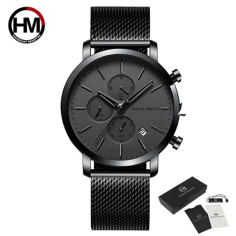 Hannah Martin Men Quartz Watches Top Brand Fashion Multifunction Small Dial Mesh Business Waterproof Wrist Watches