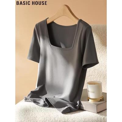 Базовая женская футболка Basic House с квадратным вырезом, из чистого хлопка, с коротким рукавом