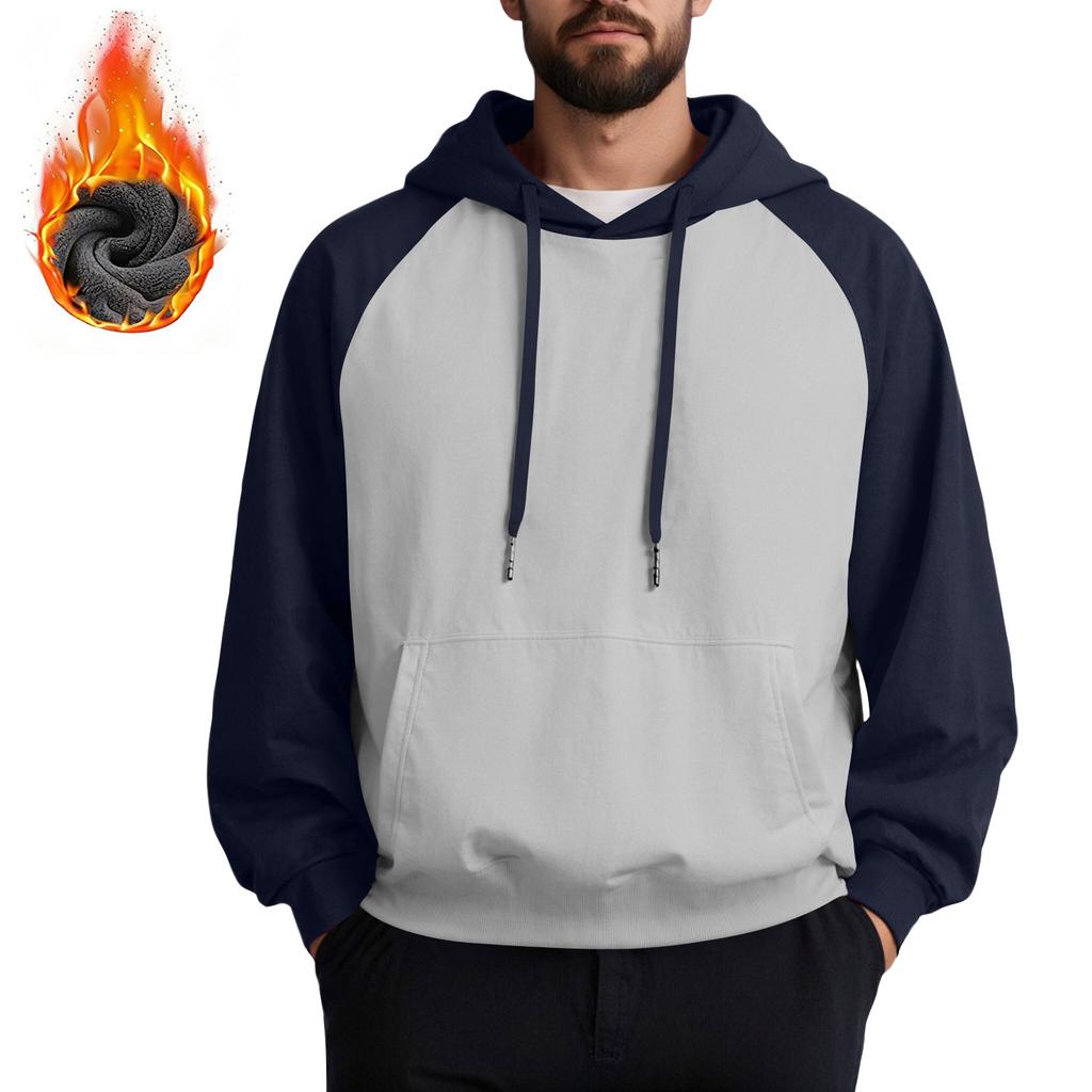 Unisex Casual Drawstring Hoodies Colorblock Raglan Sleeve Fleece Sweatshirts