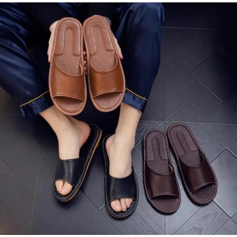 Модные летние сандалии из натуральной коровьей кожи, домашние тапочки, летние сандалии с открытым носком для мужчин и женщин, пожилые люди, повседневные шлепанцы