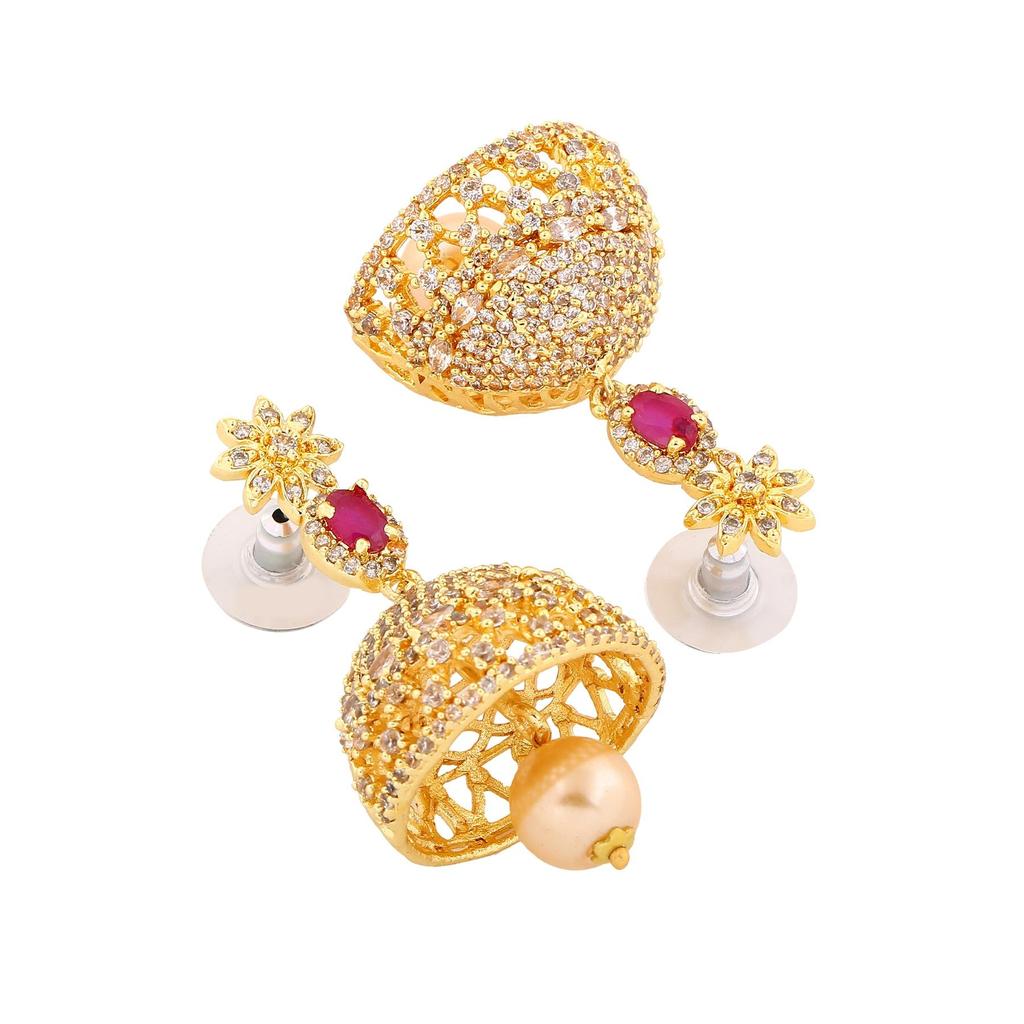 Women Gold Plated Designer Jaliwala Jhumka Earrings With Estele Zircons With Pearl And Ruby Crystals
