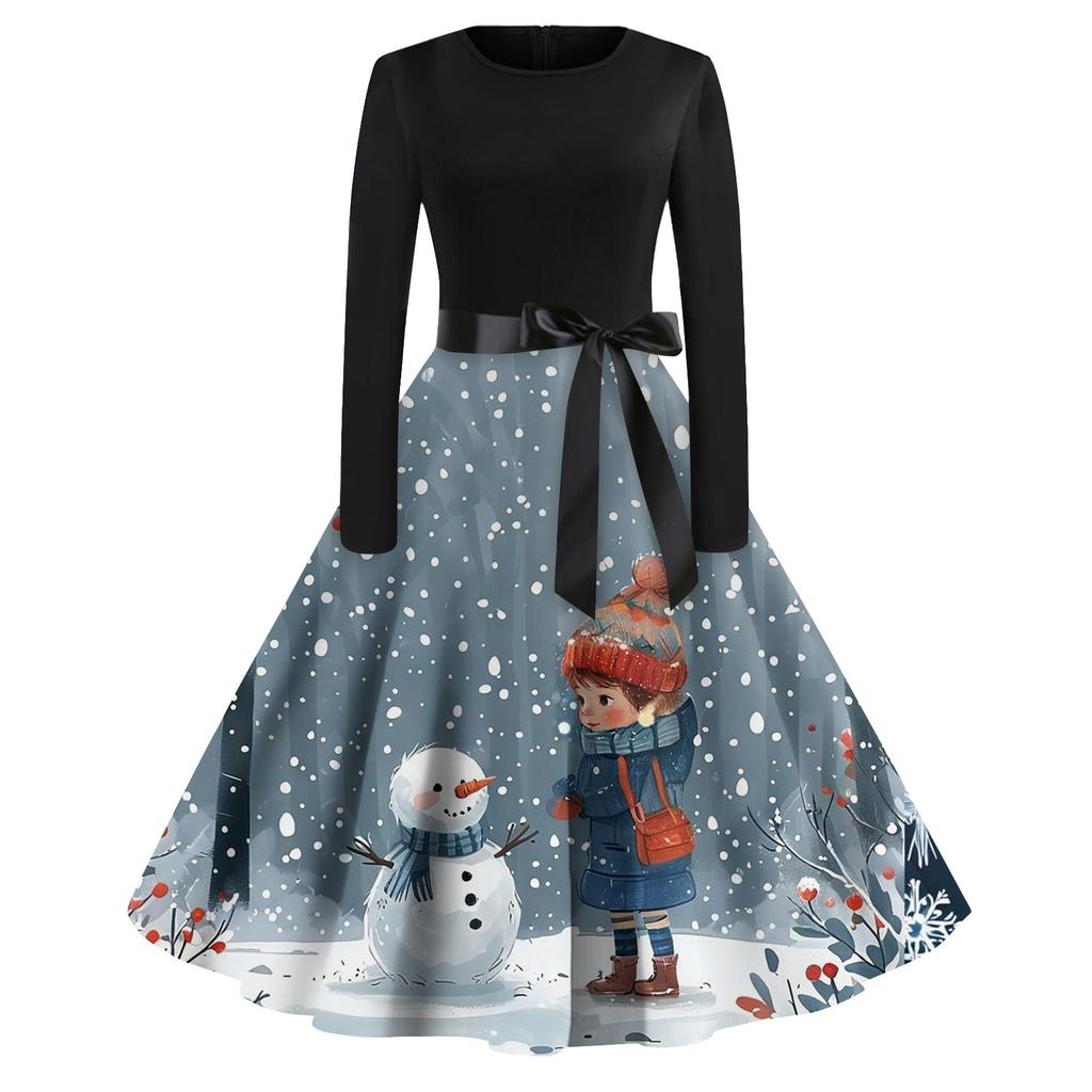 Women's Fashion Vintage Long Sleeve Round Neck Christmas Printed Evening Party Dresses Dresses