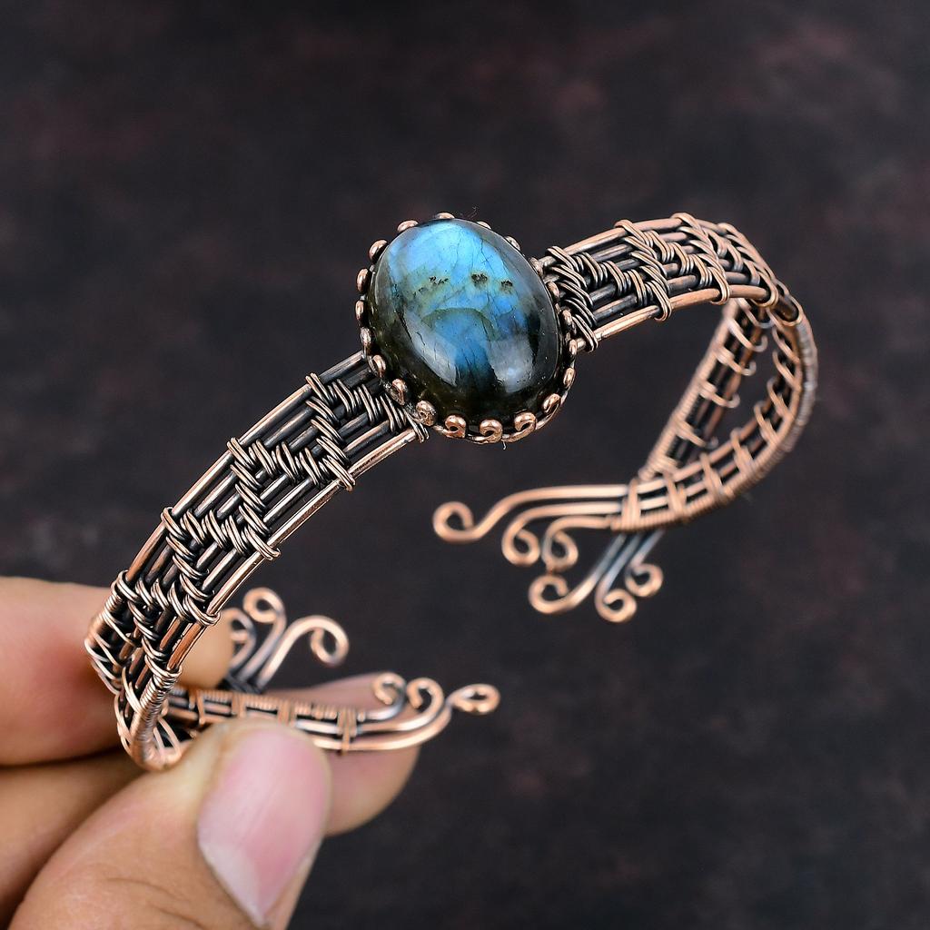 Браслет из лабрадорита, браслет-манжета из медной проволоки, ювелирные изделия из лабрадорита, регулируемый браслет, браслет-манжета из драгоценных камней, браслет ручной работы для подарка