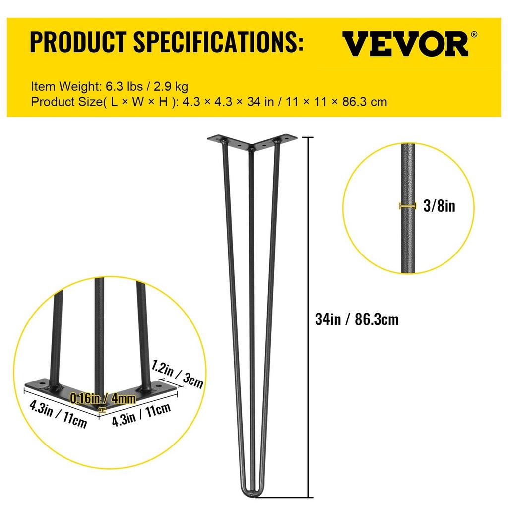 Hairpin Table Legs 34 inch Black Set of 4 Desk Legs Each 220lbs Capacity Hairpin Desk Legs 3 Rods for Bench Desk Dining End Table Chairs Carbon Steel