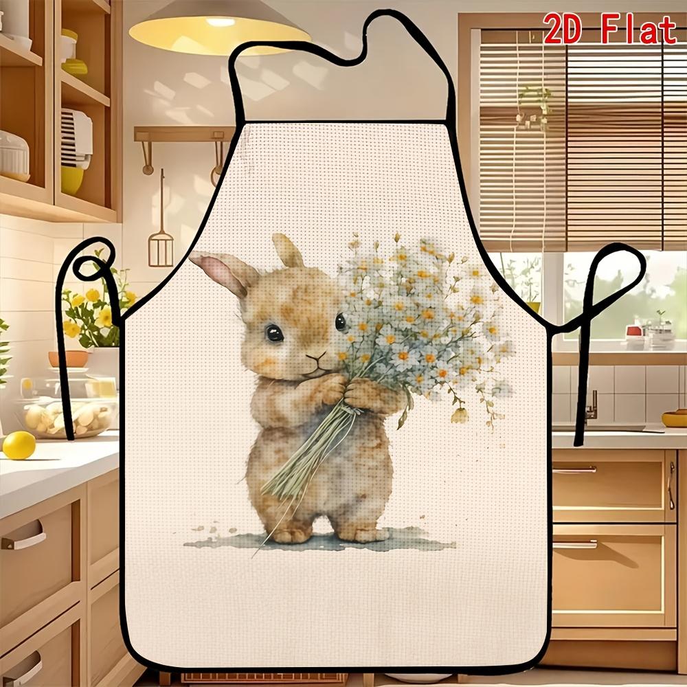 1pc, Apron Themed with a Small Rabbit Holding Flowers, Reusable, Easy, Lightweight, Multifunctional, Suitable for Kitchen And Restaurant, Cooking, Bar
