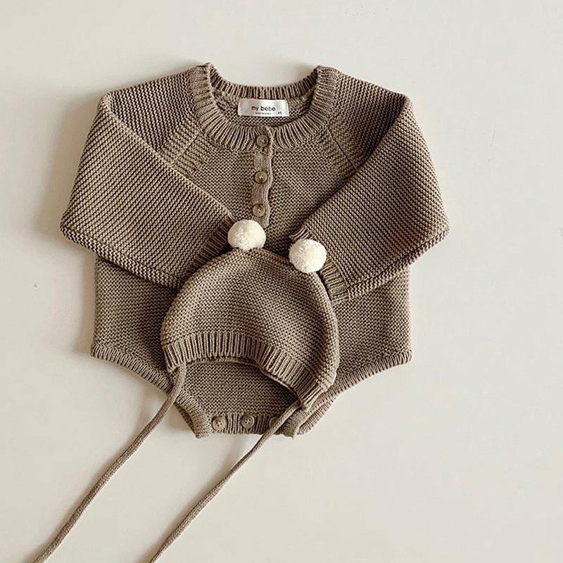 Autumn Korean Knit Romper & Cute Hat for Newborns - Unisex Snap-Crotch Sweater Romper