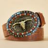 Women's Cowboy Belt Western Leather Cowboy Longhorn Bull Pattern Buckle Floral Engraved Buckle Belts