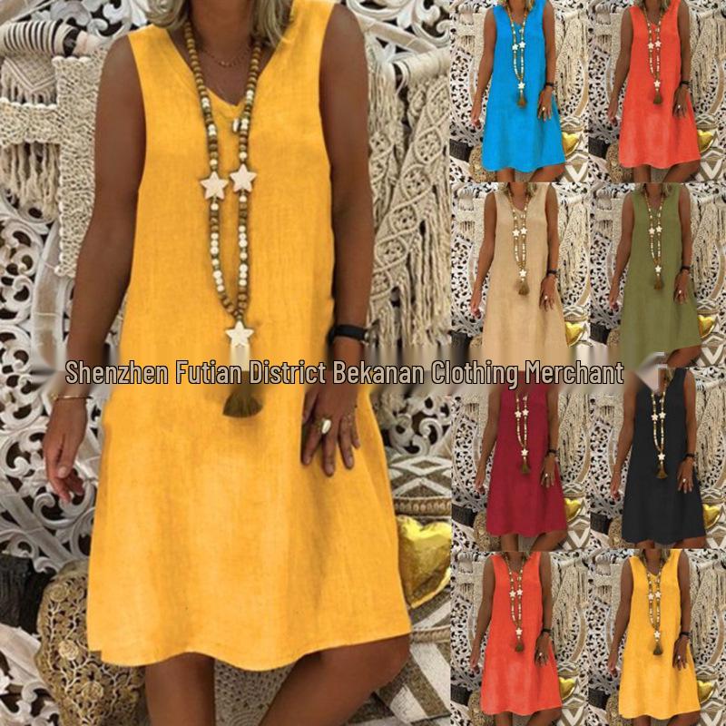 2023 Европейское и американское летнее платье-жилет без рукавов с V-образным вырезом для женщин