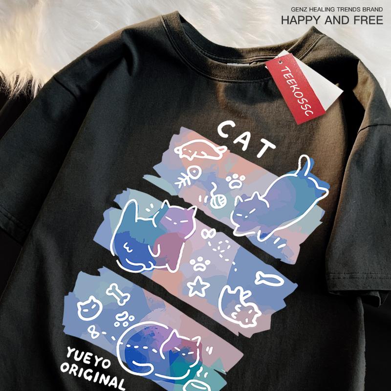 Забавные футболки с принтом озорного кота в японском стиле для мужчин и женщин, модные футболки, дышащие летние футболки, хлопковая свободная футболка, одежда