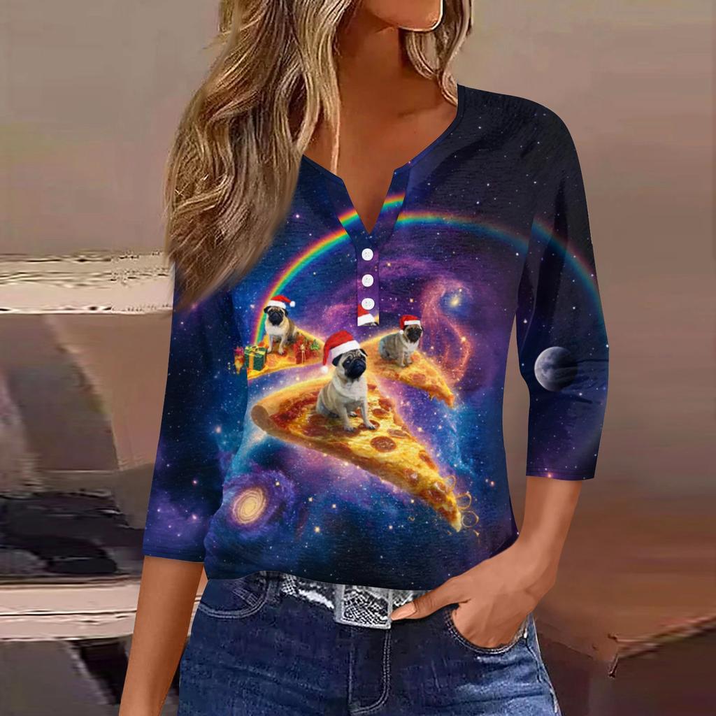 Women's Fashionable Casual Christmas Printed V-neck Three-quarter Sleeve Decorated Button Top