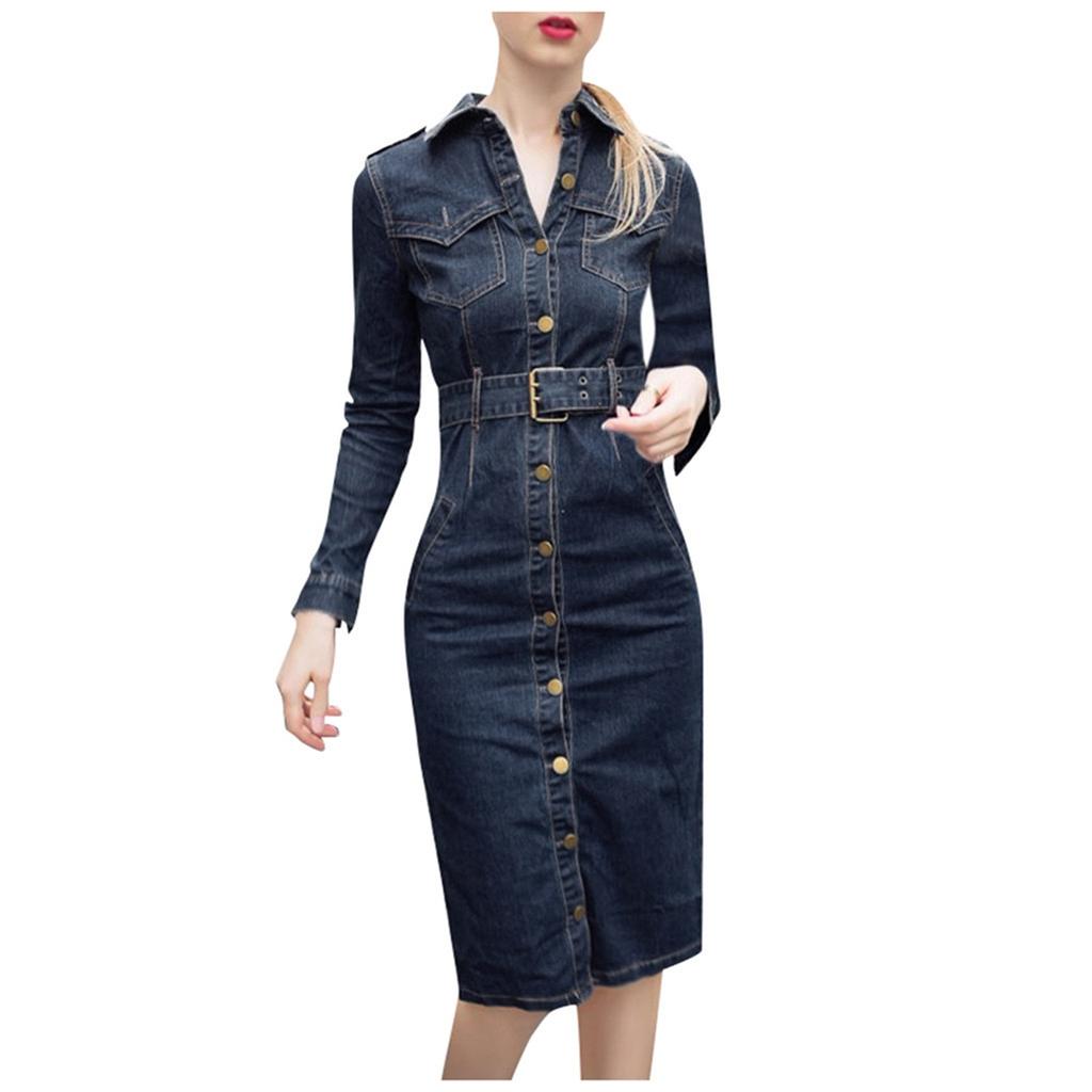 Women Winter Office Slim Jeans Mid-Cuff Dress With Belt For Women Jeans Dress