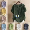 Women's Fashion Round Neck Short Sleeve T-shirt Casual Cotton Linen Graphic Shirt Leisure Loose Blue Dragonfly Prined Summer Blouse Tops