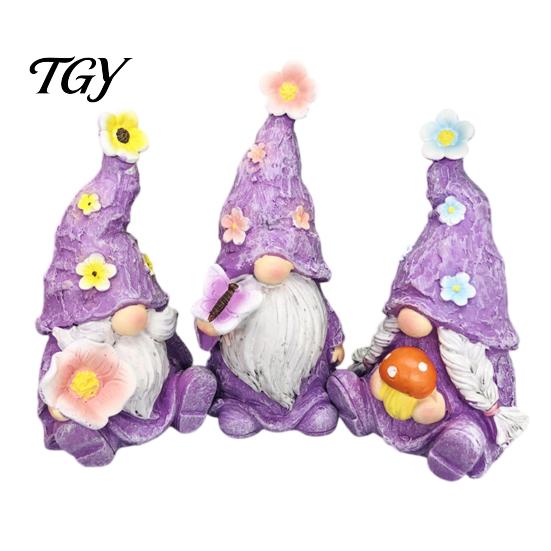 Holiday Gift for Garden Lovers 3PCS Lavender Gnome Elf Figurines Set, Resin Spring Floral Decor Purple Home Decorations Tray Ornaments, Decorative